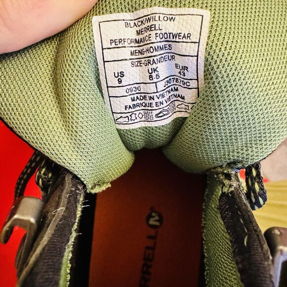 Merrell TAHR Men's Hiking Boots Mid Top Size 9 Black Green Cushioned Trail Shoes - Picture 8 of 8